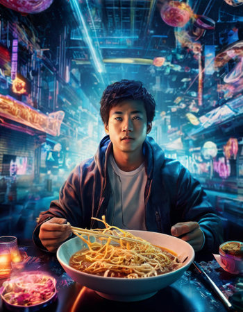 Man enjoying noodles in futuristic neon-lit street restaurantの素材