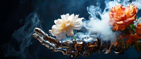 Robotic hand holding flowers amidst swirling smoke in dark backgroundの素材