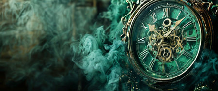 Vintage clock with intricate gears in a smoky atmosphereの素材