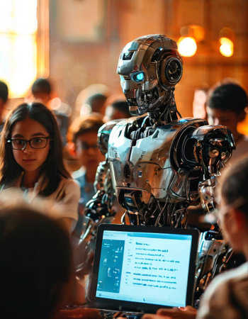 Robot interacting with students in a classroom settingの素材