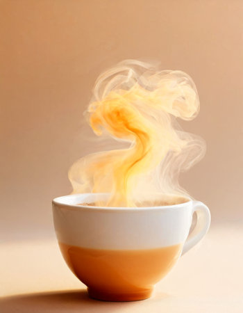 Hot steaming cup of tea with swirling steam in minimalist settingの素材