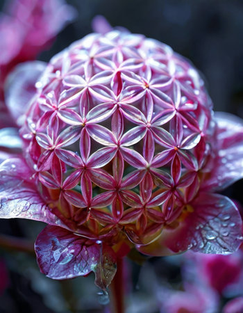 Abstract close-up of a geometric floral structure in vibrant pink huesの素材