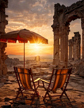 Sunset view from ancient ruins with umbrella and chairsの素材