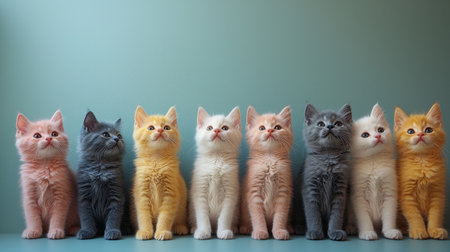 Seven colorful kittens lined up against a teal backdropの素材