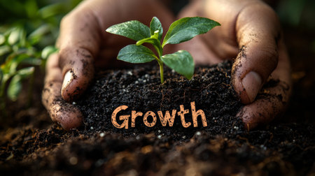 Hands nurturing a growing plant symbolizing potentialの素材