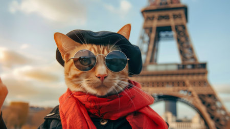 Cat in beret and sunglasses posing at Eiffel Towerの素材