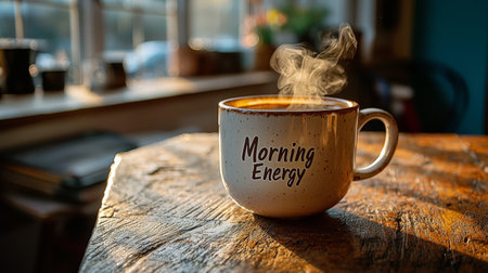Morning coffee with steam rising in sunlight on rustic tableの素材