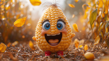 Cute baby corn character in autumn with falling leavesの素材