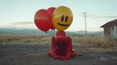 Person in red with balloons kneeling in deserted fieldの素材