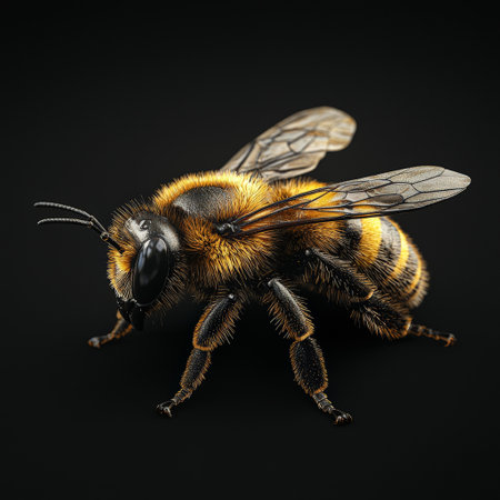 Realistic 3D bee model with lifelike texture and black backgroundの素材