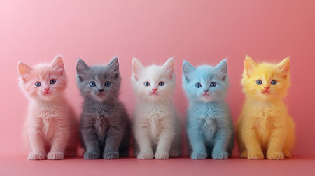 Row of colorful kittens sitting on a pastel pink backgroundの素材