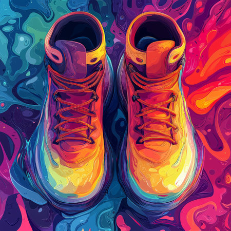Abstract vibrant hiking boots with artistic colorful designの素材