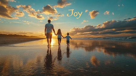 Family walking hand in hand on the beach at sunsetの素材