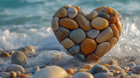 Heart-shaped stone sculpture on beach with gentle wavesの素材
