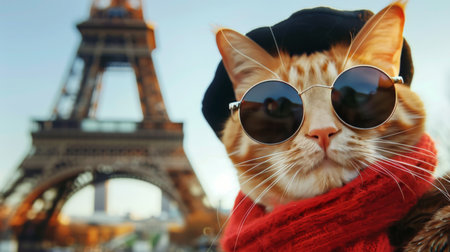 Ginger cat in Paris with sunglasses and beretの素材