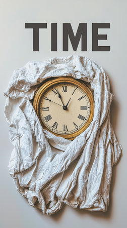 Antique clock wrapped in white fabric with the word "TIME" aboveの素材