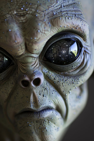 Alien creature with reflective eyes gazing into the cosmosの素材