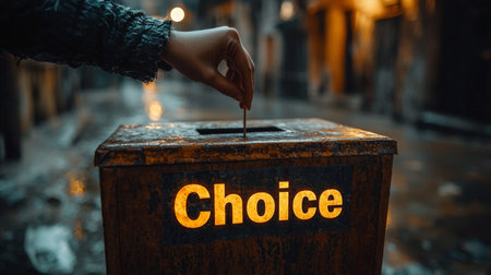 Close-up of hand dropping ballot into voting box markedの素材
