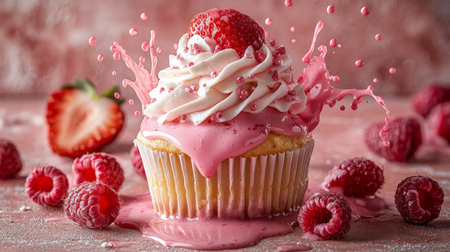 Strawberry cupcake with splashing pink frosting and raspberriesの素材