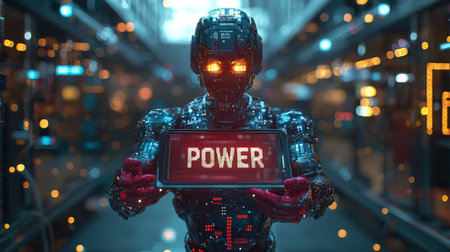 Futuristic robot holding digital display with "Power" in bold textの素材