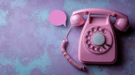 Vintage pink rotary phone on purple background with speech bubbleの素材