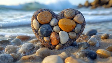 Heart-shaped stone arrangement on a sandy beachの素材