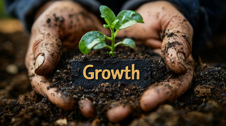Close-up of hands nurturing small plant symbolizing growthの素材