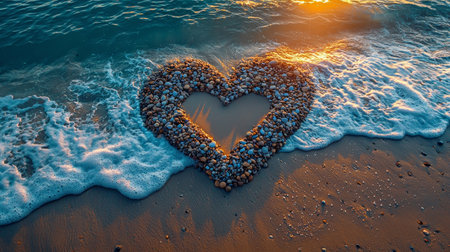 Heart-shaped stones on beach at sunset with ocean wavesの素材