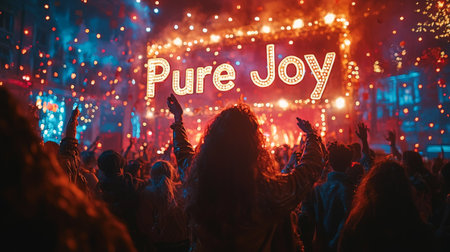 Crowd celebrating under glowing "Pure Joy" sign at nightの素材