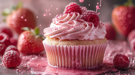 Delicious vanilla cupcake with raspberry and cream frostingの素材