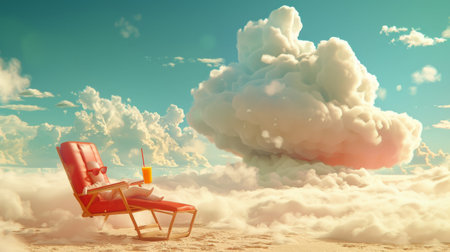 Relaxing chair on a cloudscape with a drink, surreal dreamlike sceneの素材