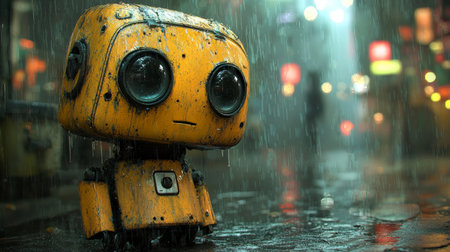 Yellow robot in rainy, futuristic street sceneの素材