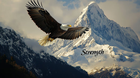 Bald eagle soaring over snow-capped mountain with "Strength" textの素材