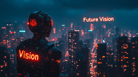 Futuristic robot gazing at a cyber city skyline with "Future Vision"の素材