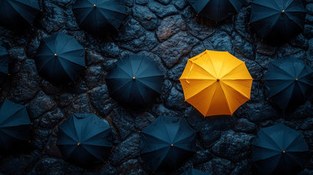 Yellow umbrella on dark, textured stone background during rainの素材