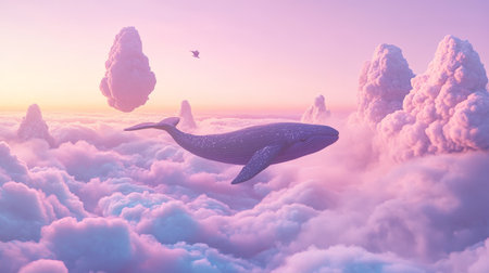 Whale gliding through pink clouds in a surreal fantasy worldの素材