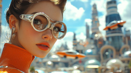 Stylish woman in futuristic cityscape with retro sunglassesの素材
