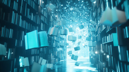 Enchanting library with glowing floating books in a futuristic settingの素材