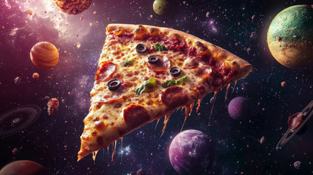 Pizza slice with olives and pepperoni flying through space with planetsの素材