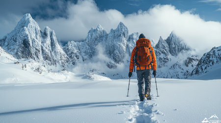 Lone mountaineer hiking in pristine snowy mountain rangeの素材
