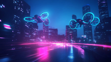 Futuristic drones flying through neon-lit city at nightの素材