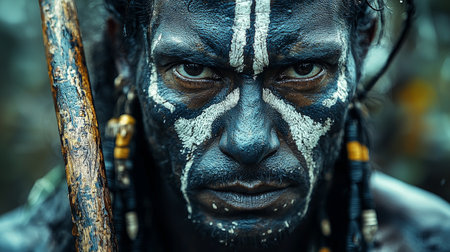 Man with blue and white tribal face paint, intense expressionの素材