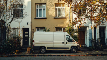 White van parked in front of residential buildings in autumnの素材
