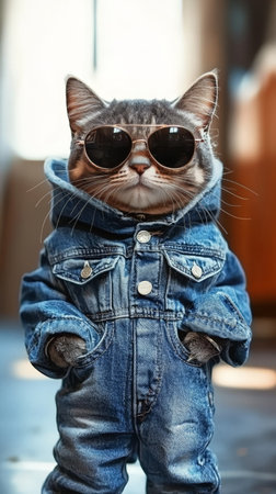 Fashionable cat in denim jacket and sunglasses, posing confidentlyの素材