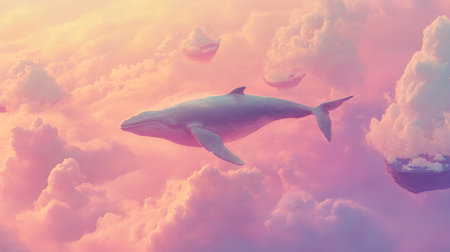 Majestic whale soaring in a pastel-colored sky among cloudsの素材