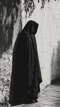 Dark hooded figure standing against a textured wallの素材