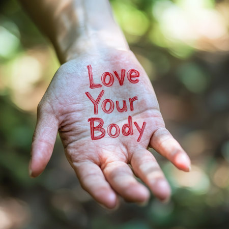 Hand with red "Love Your Body" message written on palm in natureの素材
