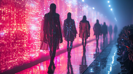 Futuristic fashion models walking on a neon-lit runwayの素材