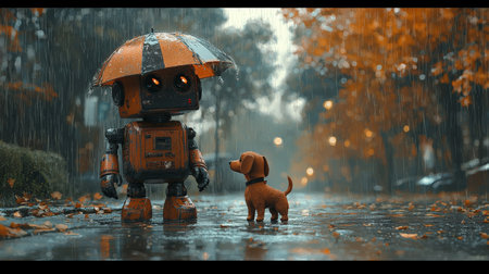 Robot and dachshund dog standing in the rain under an umbrella on an autumn streetの素材