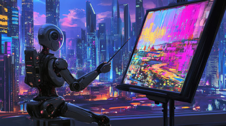 Futuristic robot artist painting vibrant abstract artwork in a cityscapeの素材